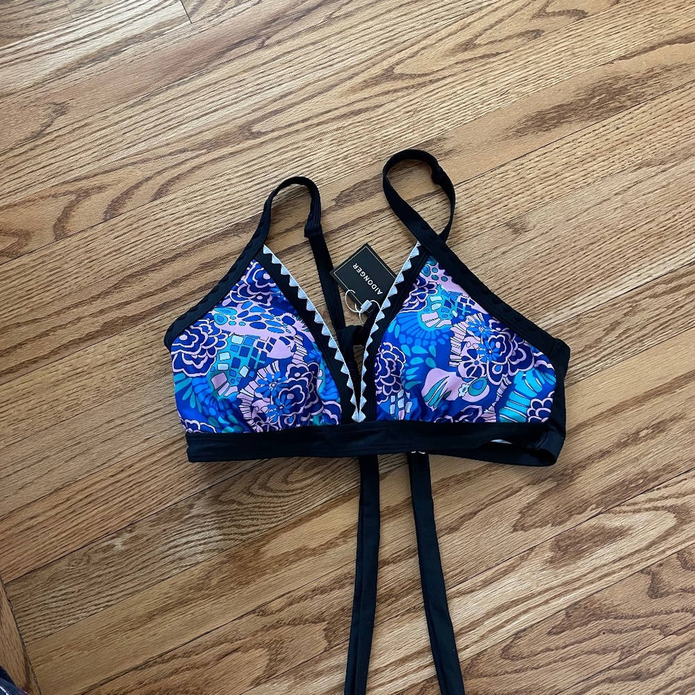 NWT Aidonger Boho Floral Large Bikini Top - Blue/Purple Mosaic Print